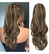KooKaStyle Ponytail Extensions, 22 inch Balayage Chocolate Brown with Highlights Long Drawstring ...