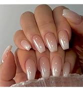 Medium Press on Nails Coffin Fake Nails Pink Gradient False Nails with Glitter Designs Glossy Glu...