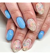 Press on Nails Short Oval False Nails with Floral Designs Cute Fake Nails Light Blue and Nude Ful...