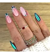 Chrome Press on Nails Medium Almond Fake Nails with Designs Holly Stick on Nail Christmas Acrylic...