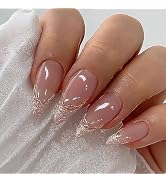 MISUD Almond Press on Nails Medium Stiletto Fake Nails Glossy Glue on Nails Chrome Acrylic Nails ...