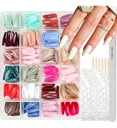 24 Colors Press on Nails Coffin Fake Nails Medium False Nails Pure Color Glue on Nails Glossy Reu...