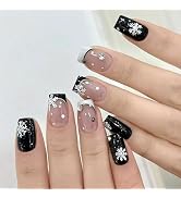 Black Press on Nails Medium Square Fake Nails with Designs Snowflake Stick on Nail Christmas Acry...