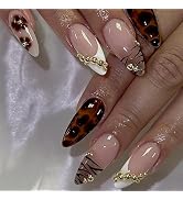 24Pcs Fall Leopard Press on Nails Almond Press on Nails French Tip Fake Nails with Flower Steel B...
