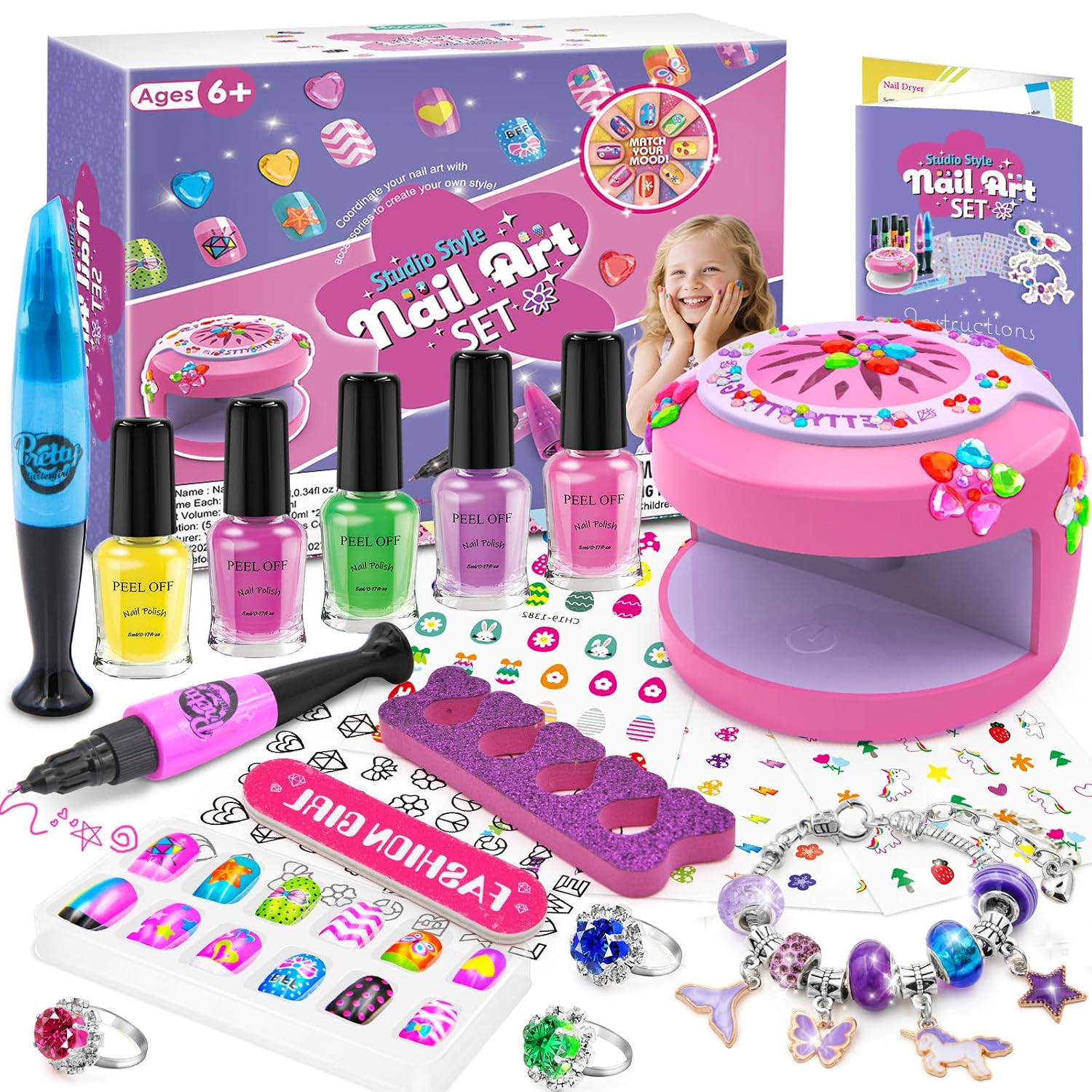 BATTOP Kids Nail Art Kit with Polish, Dryer, Stickers & Bracelet for Ages 7-12