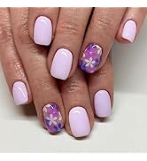 Light Purple Press on Nails Short Square Glue on Nails with Flower Designs Glossy Lilac False Nai...