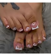 White French Tip Press on Toenails Short Square Fake Toenails with Rhinestones Designs Pink False...