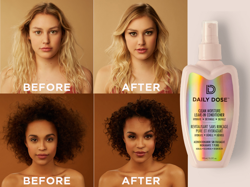 Before and after Daily Dose Leave-In Conditioner Spray for all hair types (curly, straight, dry) 