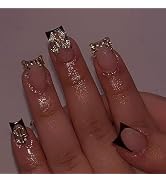 24pcs Black French Tip Press on Nails Short Square Gold 3D Bow Fake Nails with Gold Dollar Rhines...
