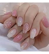 Bling Gradient Pink Press on Nails Medium Short,Glitter Ombre Fake Nails Pink Glitter Designs Ful...