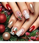 Christmas Press on Nails Medium Square Fake Nails with Designs Deer Stick on Nail Snowflake Acryl...