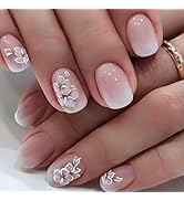 Press on Nails Short Oval Fake Nails Pink False Nails with Design White Butterfly Glossy Glue on ...