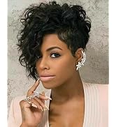 Short Curly Pixie Wigs for Black Women Natural Looking Black Wavy Wigs with Side Bangs Synthetic ...