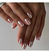 Chrome Press on Nails Short Square Fake Nails Nude Pink False Nails Glossy Glue on Nails Mirror M...