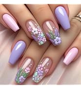 Purple Press on Nails Short Nails Press ons Coffin Glue on Nails Glossy Fake Nails with Flower De...