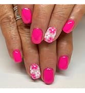 Hot Pink Press on Nails Short Square Fake Nails with Flower Designs White Floral False Nails Spri...