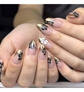 MISUD Press on Nails - Medium Almond Fake Nails with Gold Chrome, Acrylic Black Flower Design 24 pcs