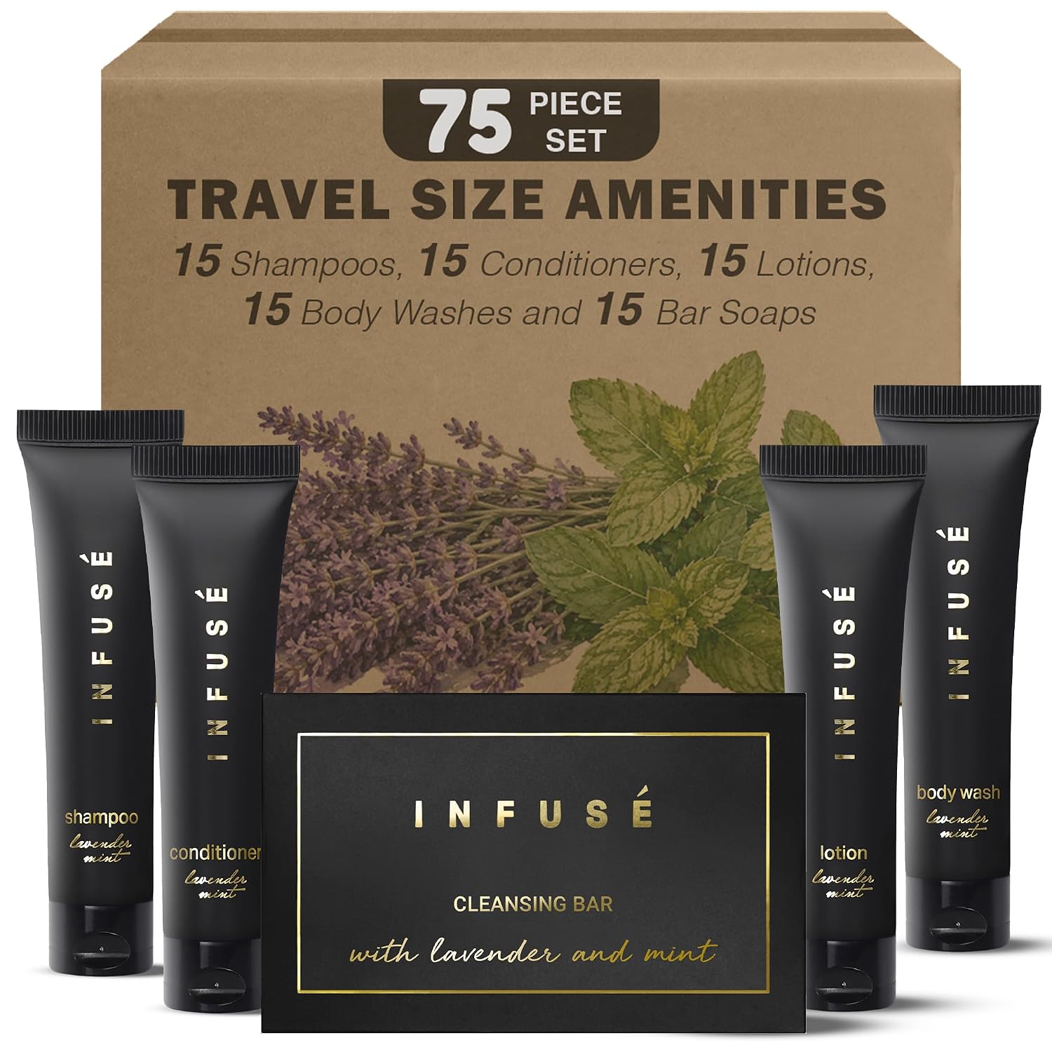 Black Hotel Soaps and Toiletries Bulk Set | 1-Shoppe All-In-Kit Amenities for Hotels & Airbnb | 1 oz Shampoo & Conditioner, Body Wash, Lotion & 1.25 oz Cleansing Bar Travel Size | 75 Pieces