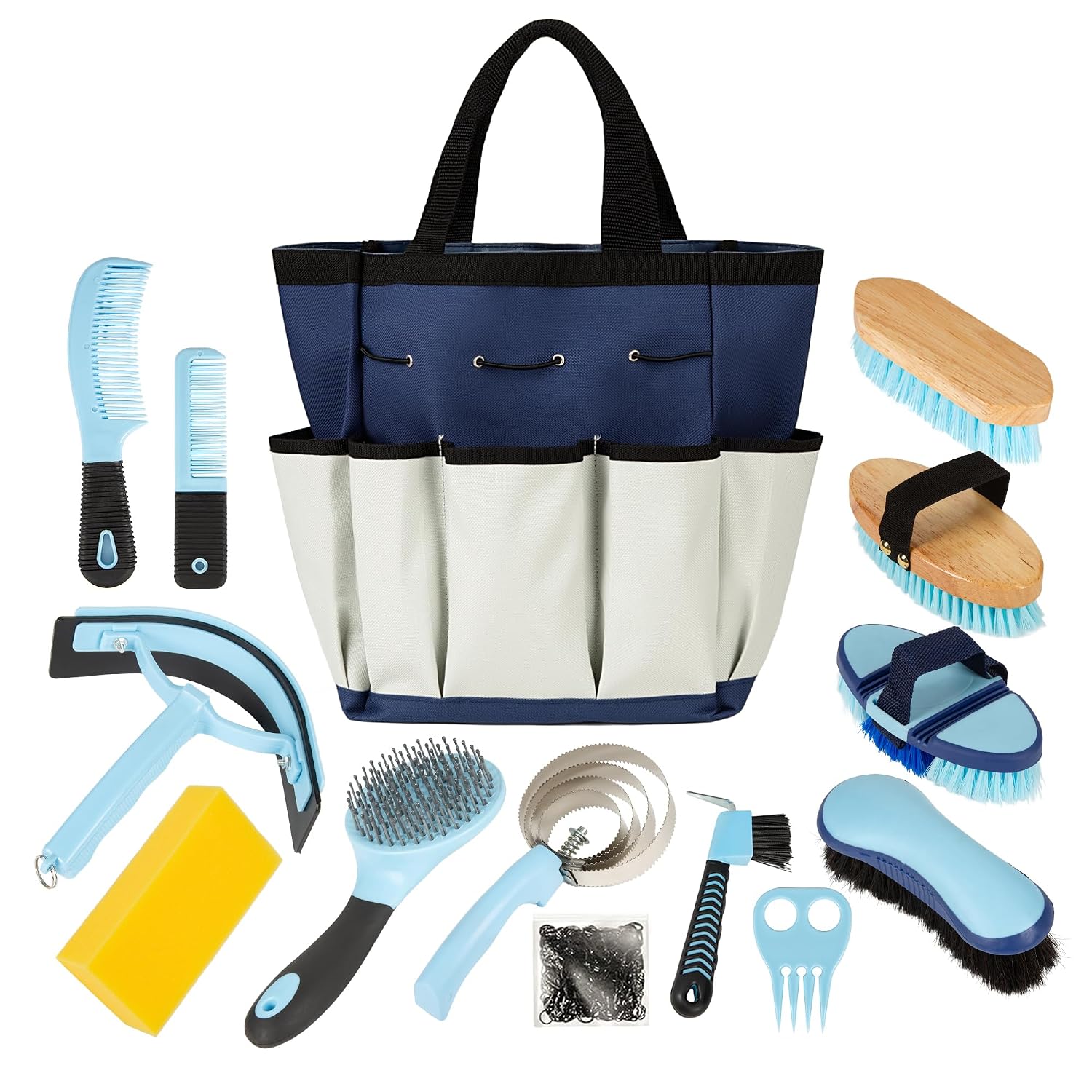 Blue 9-Piece Horse Grooming Kit with Tote Bag for Riders and Beginners
