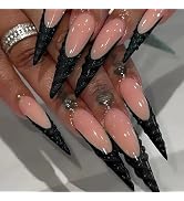 MISUD Press on Nails - Long Stiletto Glue on Nails with Black French Tip, Acrylic Handmade 3D Gel...