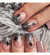 Halloween Press on Nails Medium Square MABKJLF Black Gradient Fake Nails Glitter False Nails with...