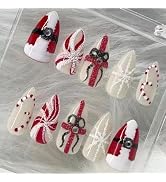 Christmas Press on Nails Medium Almond Fake Nails with Designs Santa Claus Costume Stick on Nail ...