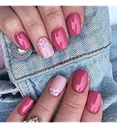 Pink Press on Nails: Short Square Glitter Sequins Designs False Nails - Hot Pink Glossy Acrylic A...