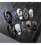 24Pcs Halloween Press on Nails Medium Almond Fake Nails with Steel Balls Design Horror Blood Drip...