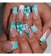 MISUD Press on Nails - Long Square Fake Nails with Blue Green, Acrylic Handmade Flower Design 24 pcs