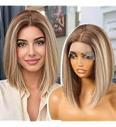 KOME Ash Blonde Synthetic Lace Front Wig,13×6 HD Straight Bob Wig for Women,Brown Short Layered G...