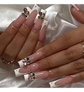 White French Tips Press on Nails Long Square Fake Nails with 3D Pink Cherry Charm Design Rhinesto...