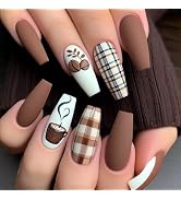24Pcs Fall Winter Brown Press on Nails Long Coffin Fake Nails with Grid Coffee Design Autumn Wint...