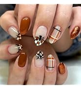 24Pcs Fall Almond Press on Nails Short Thanksgiving Fake Nails with Grid Pumpkin Design Pumpkin F...