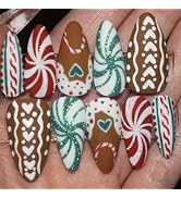 30Pcs Christmas Press on Nails Medium Almond Fake Nails with Designs Swirl Candy Cane Stick on Na...