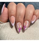Medium Almond Press on Nails Flower False Nails with Purple White French Tips Design Lilac Daisy ...