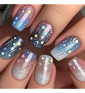 Medium Press on Nails Square Fake Nails with Colorful Stars Designs Starry Sky Glue on Nails Glit...