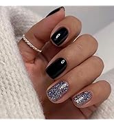 Black Press on Nails Short Blue Glitter Fake Nails Square Shape False Nails Solid Color Acrylic N...