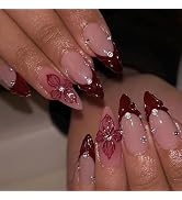 BABALAL Press on Nails Meidum Almond Fake Nails Brown Red Glue on 3d Handmade Design Flower Acryl...