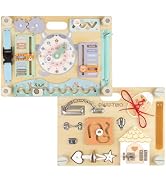 Smartwo Double-Sided Wooden Busy Board for Toddlers, Sensory Activity Board, Montessori Travel To...