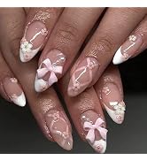 White French Tip Press on Nails Short Almond Fake Nails with Bow Pearl Flower Charm Designs Light...