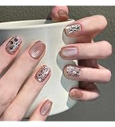 24PCS Sparkly Press on Nails Short Square Fake Nails Glossy Reusable Full Cover Glitter Stick On ...