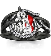 Jeulia Gothic Skull Diamond Rings: Sterling Silver Jack and Sally Skeleton Rings Band Halloween R...