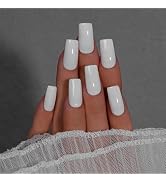 KQueenest White Press On Nails Long Square - Summer Press On Nails Medium Coffin, Sheer Milky Whi...