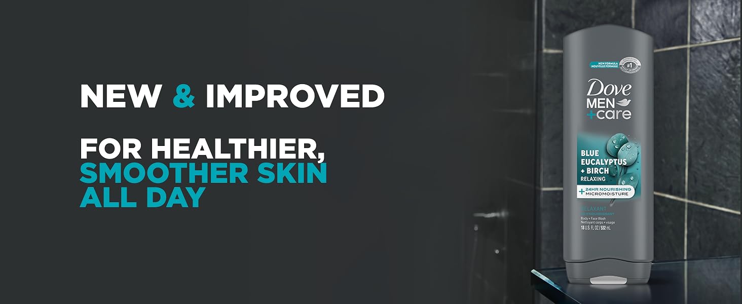 Body + Face Wash Bottle on a glass surface against bathroom wall with dark gray tiles and headline.