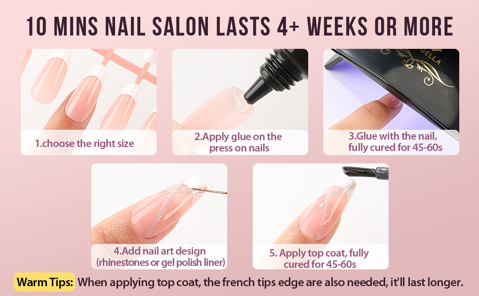 UNA GELLA Press On French Tip Nails Long Square Pink French Gel Nail Tips Pre-buff