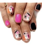 Halloween Press on Nails Short Square Fake Nails with Bat Spider Ghost Designs Black Nails Press ...