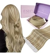 Fshine Blonde Tape in Extensions Real Human Hair Dark Ash Highlighted Golden Remy Silky Straight ...
