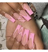 Valentines Press on Nails Long Pink Glitter Hearts Square Fake Nails Extra Long Acrylic Nails Pre...