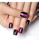 Dark Purple Press On Nails Short - Cat Eye Press On Nails Square Fake Nails with Color-Shifting G...