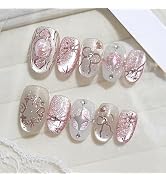 30Pcs Pink Press on Nails Medium Almond Fake Nails with Glitter Designs Stick on Nails Cute Heart...